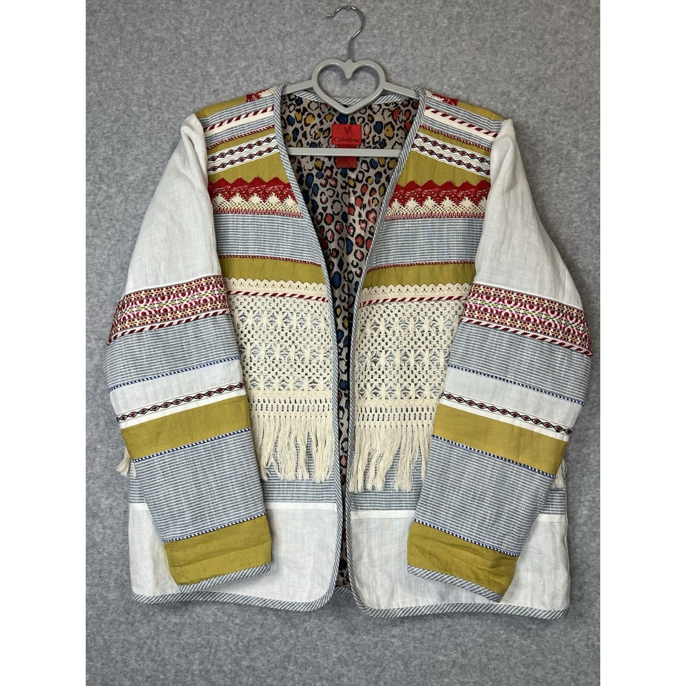 V Cristina Womens L 100% Linen Boho Jacket Crochet Fringe Embroidered Leopard 21